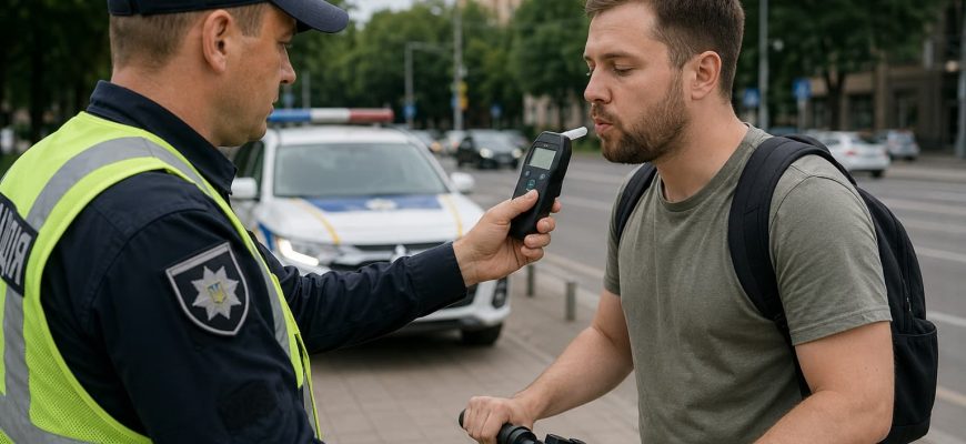 Поліцейський перевіряє водія електросамоката на стан алкогольного сп’яніння