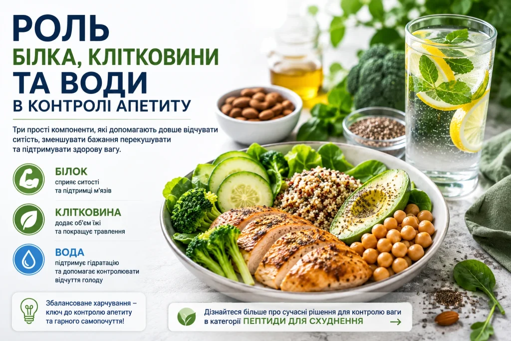Роль білка, клітковини та води в контролі апетиту та схудненні